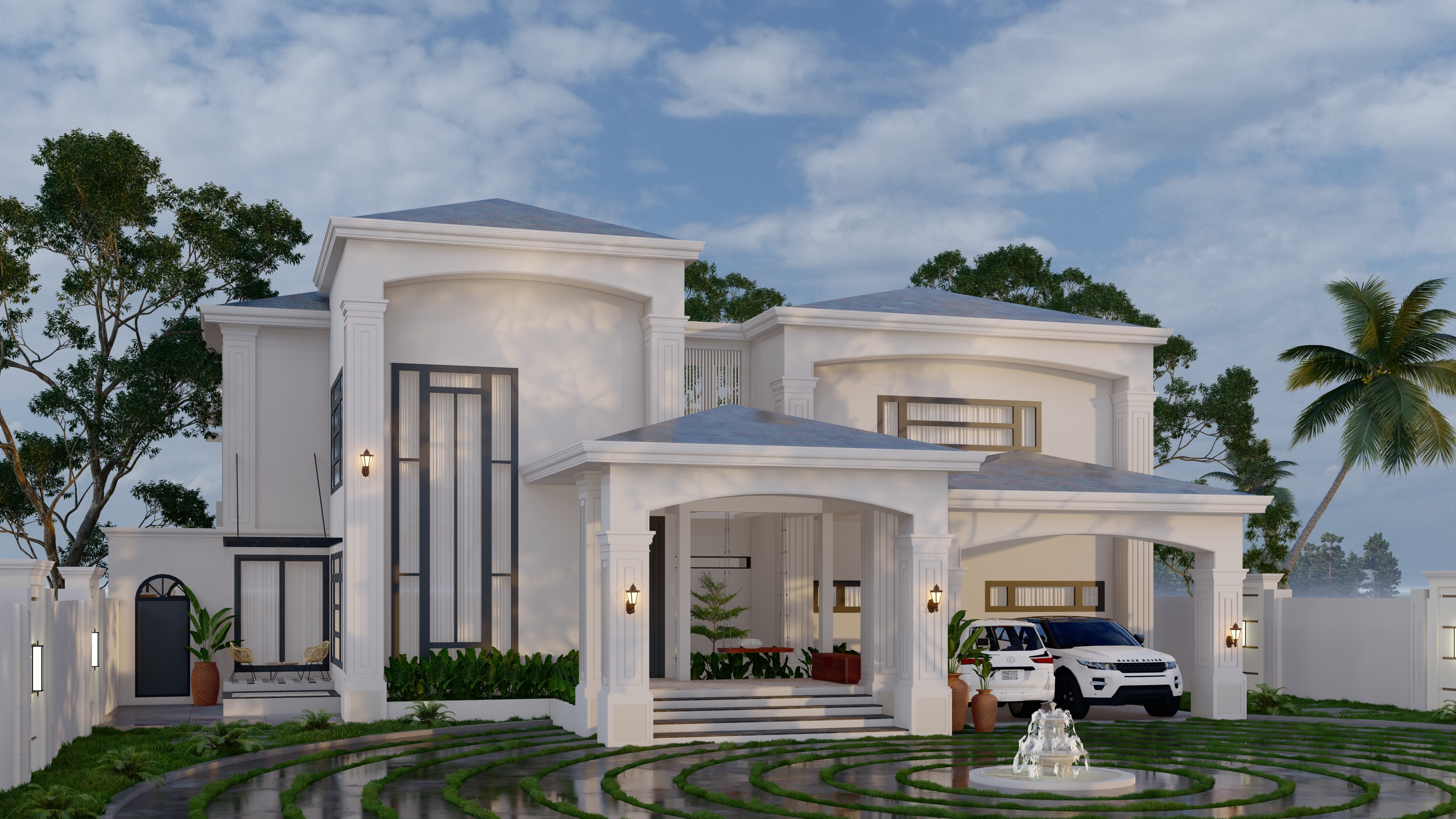 Demonstration image of a contemporary house at dusk
