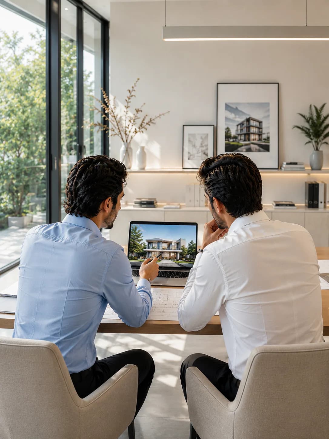 Two people reviewing a house rendering and drawings in a bright studio