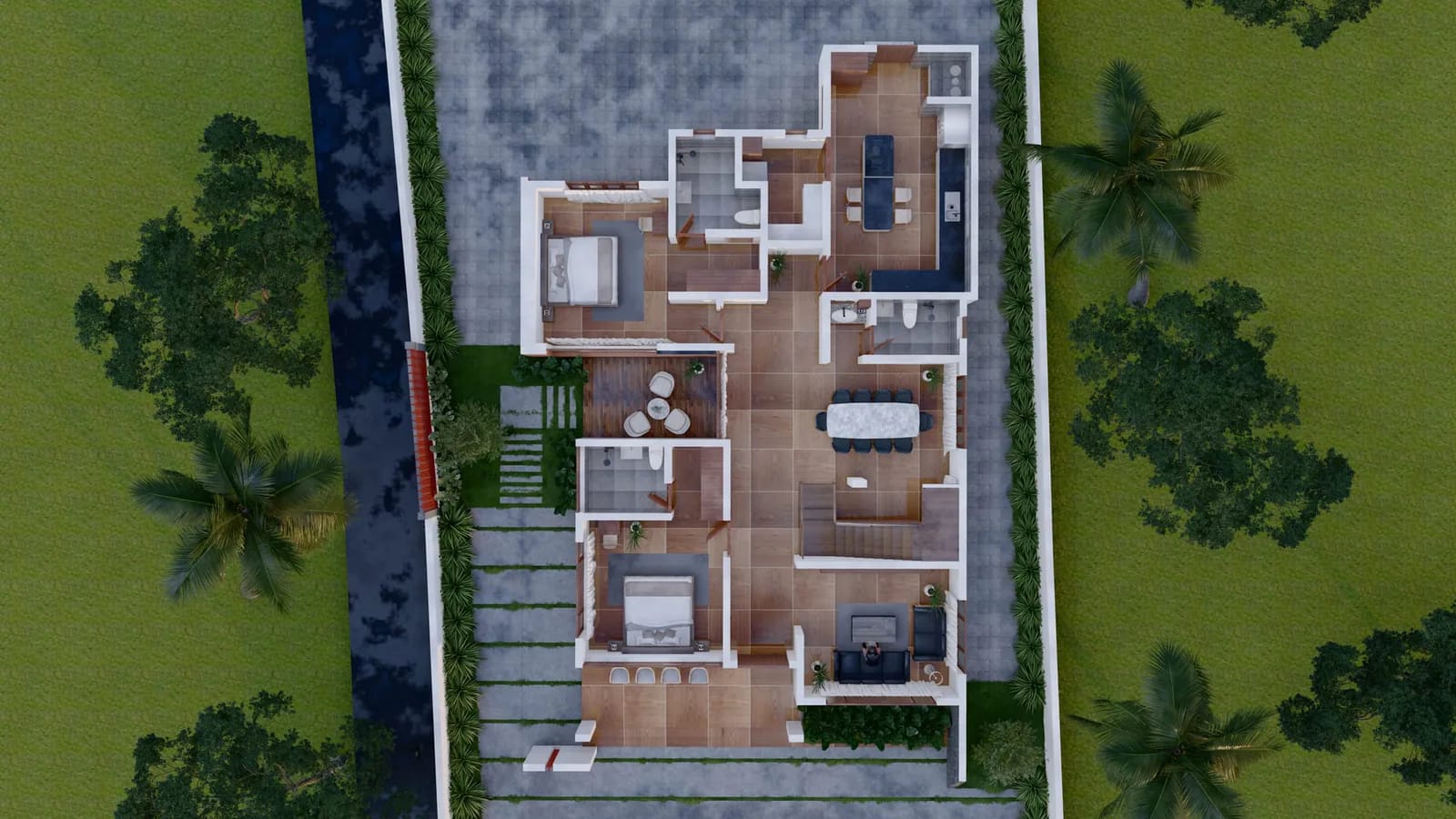 Top-down house plan showing living, dining, bedrooms, and garden