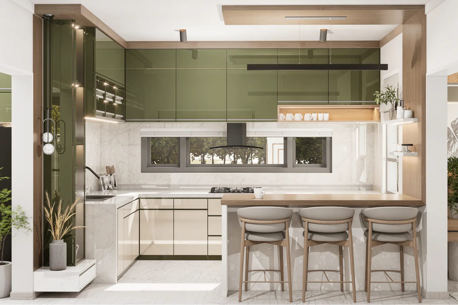 Olive kitchen with a marble splashback, black pendant, and bar stools