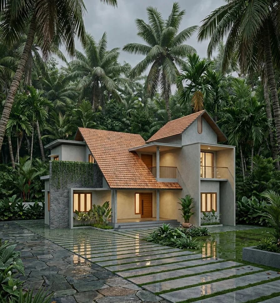 Tropical house with a terracotta roof and wet stone driveway at dusk