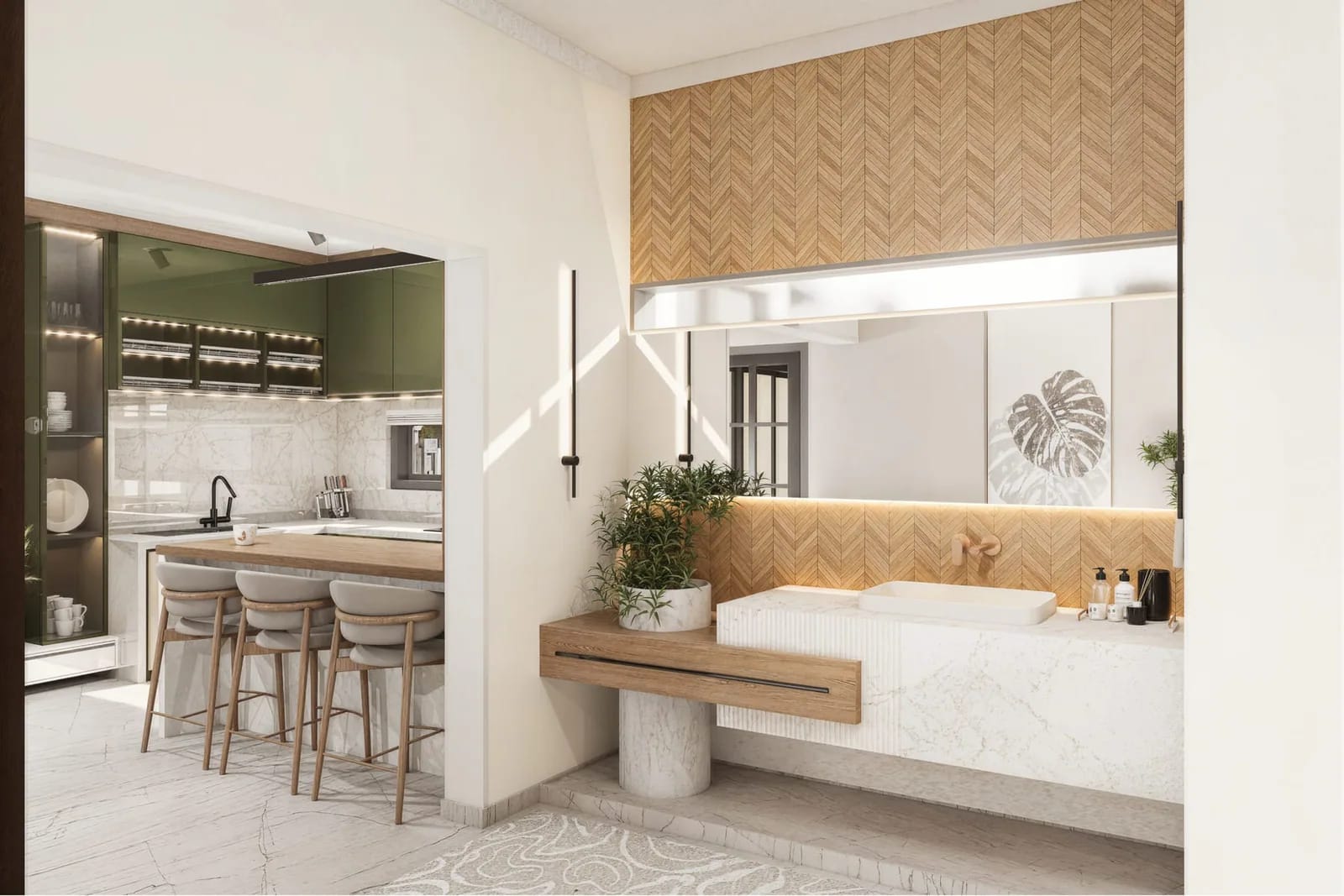 Marble vessel sink against herringbone timber, with an olive kitchen beyond