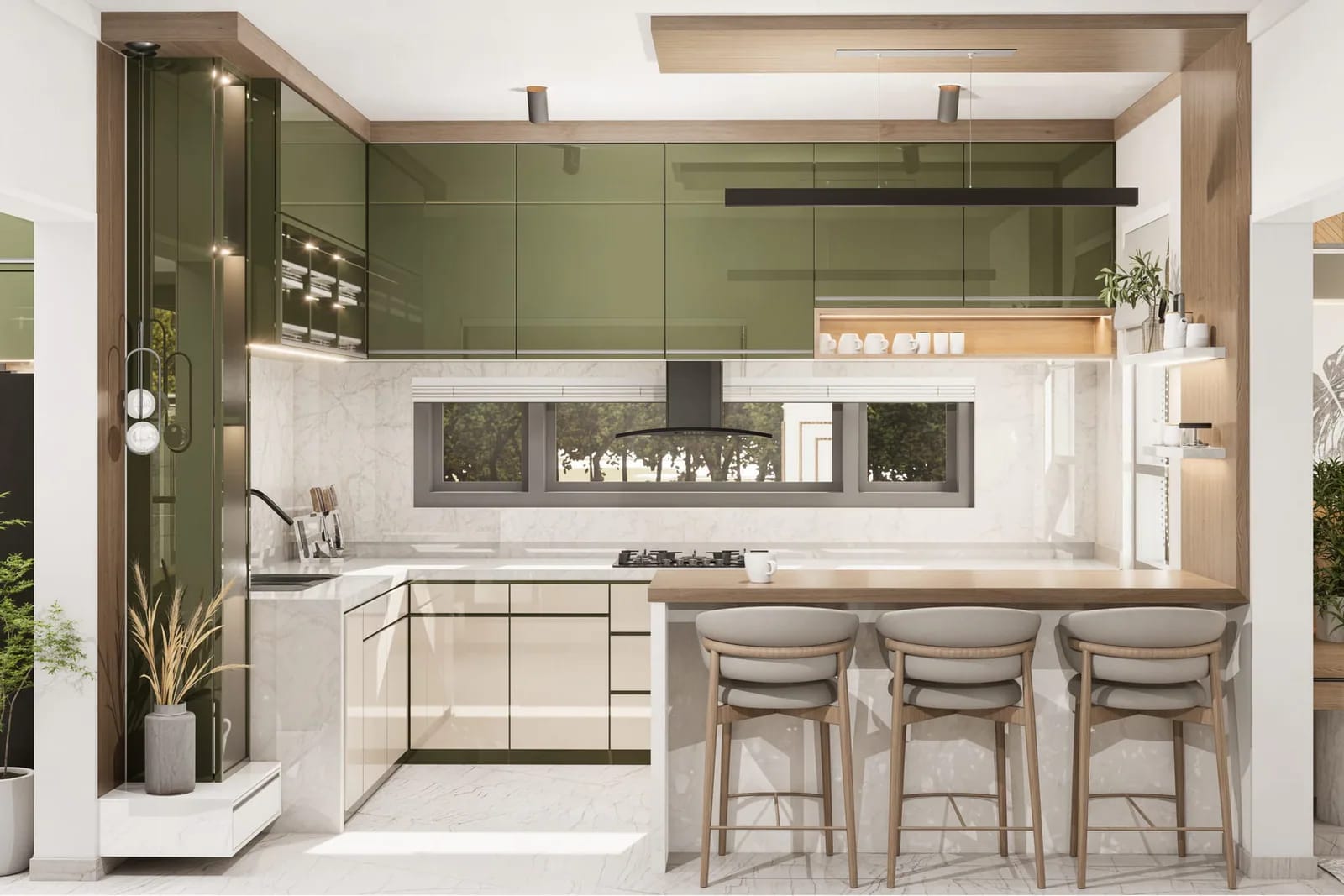 Olive-green kitchen with marble worktops and a timber breakfast bar