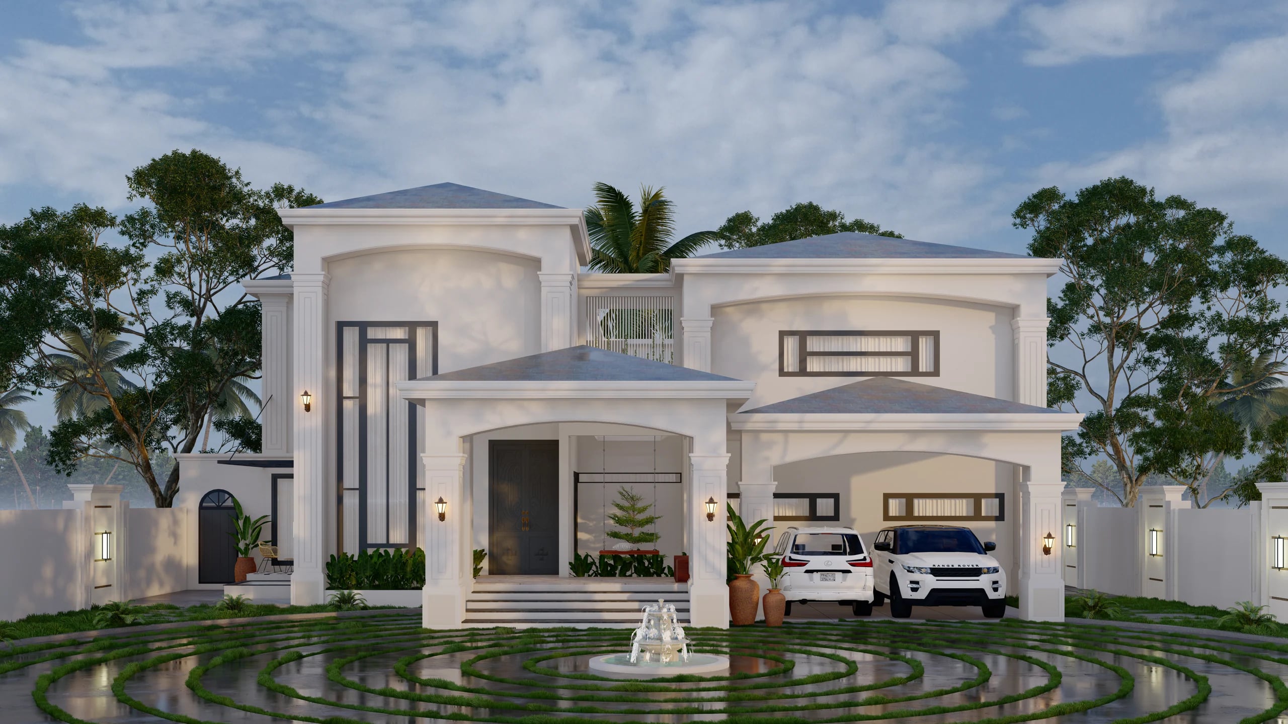White two-storey villa with a circular planted driveway and fountain