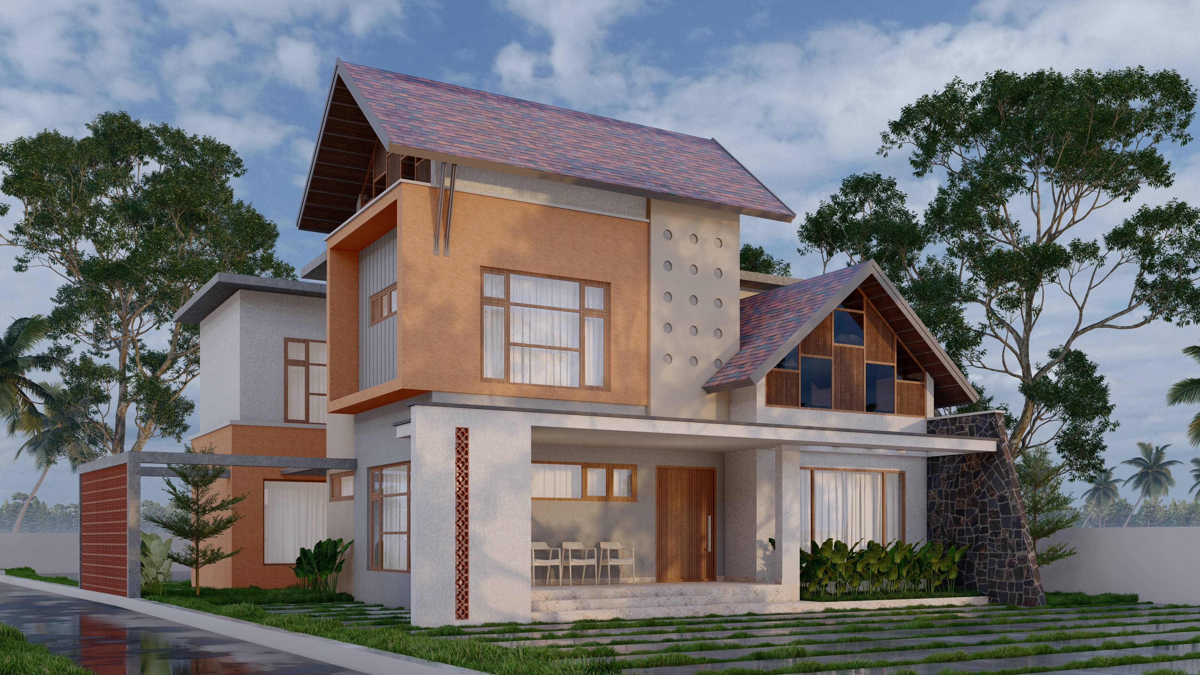 Contemporary house with a deep roof and garden — demonstration architectural photograph